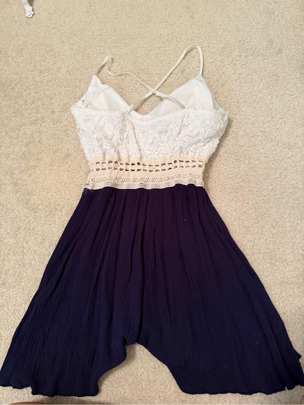 Papaya White Lace Crochet Waist Navy Romper